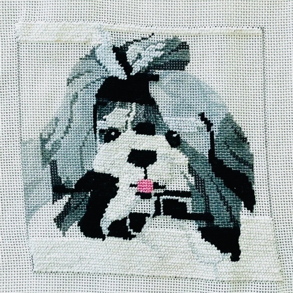 Shih Tzu Dog Needlepoint Canvas 7x7 Partially Completed Petit Point